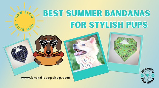 Labeled "Best Summer Bandanas for Stylish Pups" with photos of dog bandanas and a dog wearing a bandana